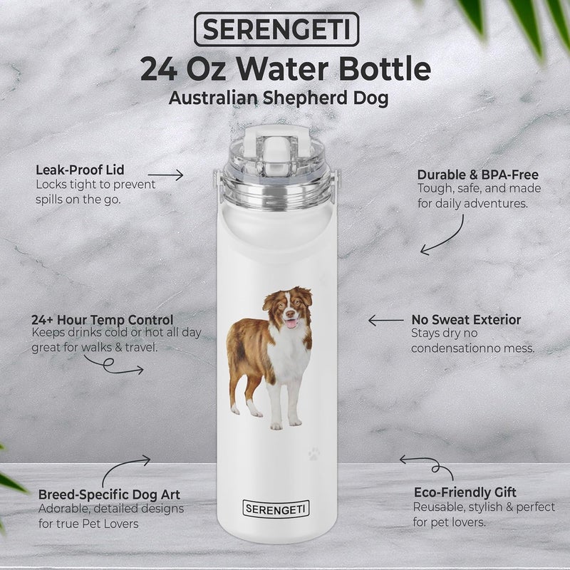 ES Pets SERENGETI 24 Oz Water Bottle Stainless Steel with Spill Proof Lid - Double walled Vacuum Insulated water flask - Realistic 3D Print of your favorite dog (Australian Shepherd) - Image 4